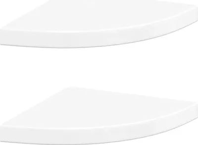 Two white corner shelves are shown against a white background.