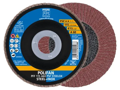 Produktbild von PFERD 67646115, Fächerscheibe, Edelstahl, Stahl, 11,5 cm, Jede Marke, Eingedrückte Mitte, 2,22 cm