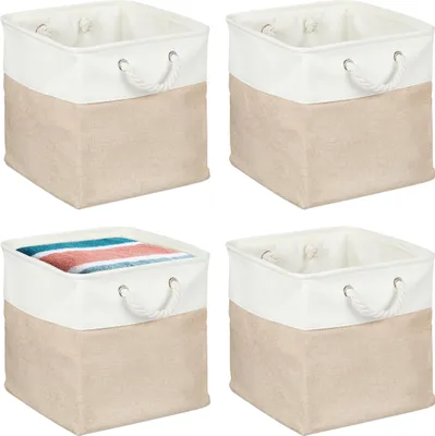 Produktbild von Relaxdays Aufbewahrungskorb, 4er Set, Leinen, mit Seilgriffen, Kleidung, Spielzeug, 33x33x33 cm, Regalkorb, beige/weiß