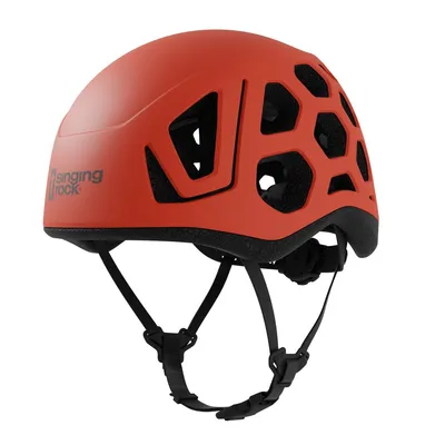 Roter Kletterhelm Hex von singing rock mit belüfteten Seiten und verstellbarem Kinnriemen.