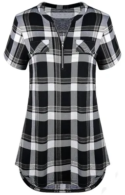 Imagen del producto de Elzusha - Blusa tipo tunica para mujer, con estampado a cuadros, mangas cortas y cuello en V