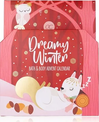 A Christmas advent calendar for bath and body products, featuring a winter theme with cute animal illustrations.