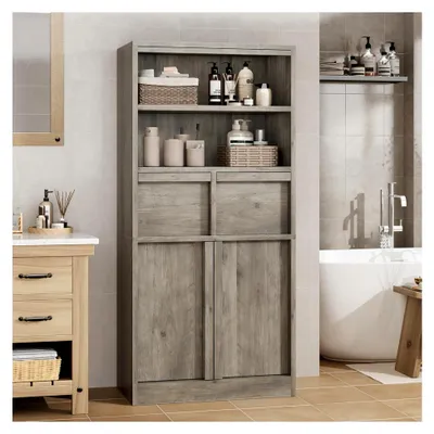Produktbild von Badezimmerschrank mit 2 Türen, 2 Schubladen und 2 offenen Ablagen, Hochschrank für Bad, Küche, Wohnzimmer, 60x30x130 cm