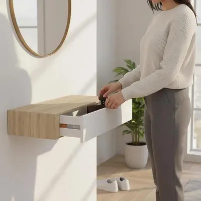 Produktbild von Wandregal mit Schubladen - Küchenregal Holz - 60 x 23,5 x 10 cm - Mehrzweck Aufbewahrung - Wiederverwendbar - Dunkel khaki