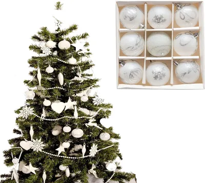 Weihnachtskugeln, Set mit 9, matt/glitzer, weiß, 6 cm