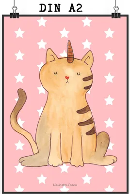 Produktbild von Mr. & Mrs. Panda Bild Einhorn Katze DIN A2 - Rot Pastell - Geschenk, Unicorn, Wandbild, Glitzer, Regenbogen, wanddeko, kunstdruck poster, Wandschmuck, Mieze, drucke