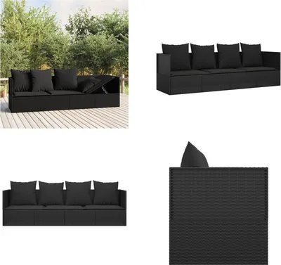 A collage of images showing a black outdoor lounge bed with cushions, presented from different angles and in a garden setting.