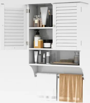 Produktbild von Badezimmerschrank mit Handtuchhalter, Hängeschrank Badschrank Holz mit Verstellbarer Ablage, Wandschrank Küchenschrank 60 x 22 x 75 cm (Weiß)
