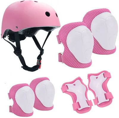 Produktbild von Famanu Schutzset für Kinder - Helm, Knie-, Ellenbogen- und Handgelenkschützer - Schwarz/Rosa - Universal - 1 Set