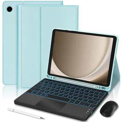 Image de Coque Clavier pour Samsung Galaxy Tab A11 Plus / A9 Plus, CuirPolyuréthaneBleu avec Clavier Rétroéclairé, Souris et Stylet