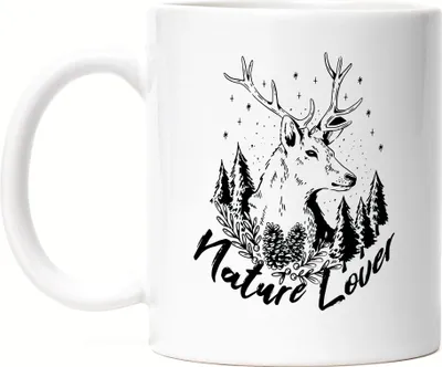 Produktbild von Nature Lover Tasse Weiss Naturliebe Wanderlust Reh zwischen Bäumen in der Natur