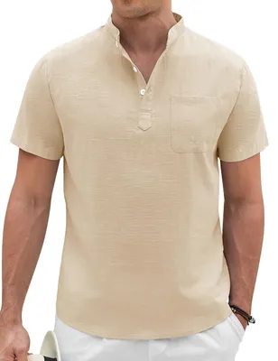 Zdjęcie produktu dla Koszulka męska z lnu, krótki rękaw - letnia koszula - koszula z muślinu - koszulka typu Henley - koszule casual - lekka i przewiewna - koszulka męska