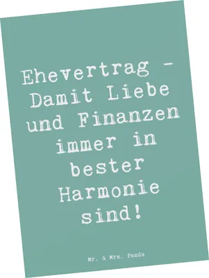 Produktbild von Mr. & Mrs. Panda Postkarte Spruch Ehevertrag Liebe Finanzen - Meeresbrise - Geschenk, Partnerschaft, Grußkarte, Ansichtskarten, Geschenke, Heiraten, bildkarte, Postkarten