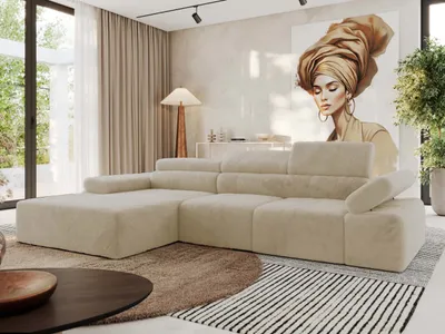 Produktbild von MKS MEBLE L-form Ecksofa RILASSO mit Relax-Funktion, verstellbare Kopfstützen - Creme Plüsch - Links