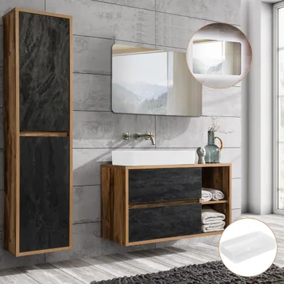 Produktbild von Badmöbel-Komplett-Set in Eiche mit Beton Nb. HARLOW-56 100cm Waschtisch-Unterschrank mit Waschbecken, LED-Bad-Spiegel, Hochschrank 2 türig, B/H/T 160/200/46 cm