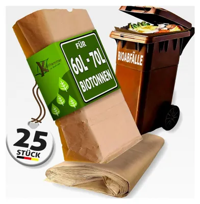 Produktbild von Biotonnenmüllsäcke 60L - 70L I 25 Stück I Müllbeutel für Biotonnen I Papiermüllsäcke für Biomülltonne I Papiersäcke für Gartenabfälle