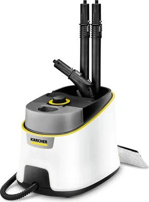 A Karcher steam cleaner with accessories docked.
