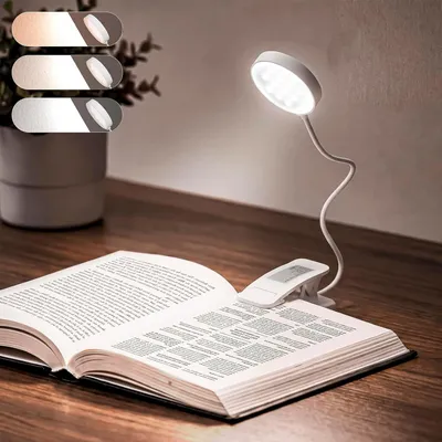 Immagine prodotto di Lampada da lettura ricaricabile - Clip per lampada - Ideale per leggere a letto - 3 colori regolabili - Flessibile a 360° - Bianco
