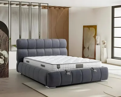 Produktbild von Modern blaues Bett mit Matratze aus Textil und Holz