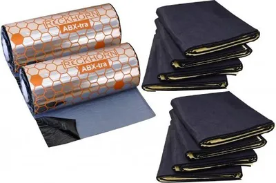 Two rolls of sound deadening material and stacks of sound absorbing foam are displayed against a white background.