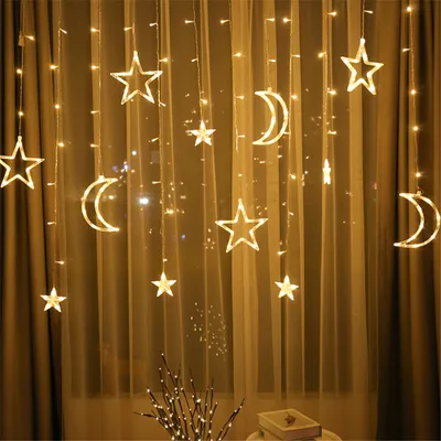 Produktbild von 3m LED Stern Mond Lichterkette Lichtervorhang Batteriebetrieben Innen Party Fenster Weihnachten Deko, Warmweiß