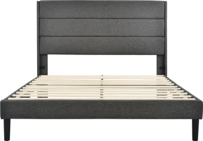 Produktbild von Merax Polsterbett 140 x 200 cm Bettgestell Doppelbett mit Lattenrost und Kopfteil, Polsterbetten Bett aus Leinen für Erwachsene und Jugendliche, Dunkelgrau
