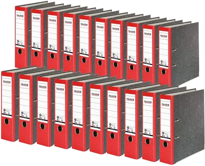 Produktbild von Original Falken 20er Pack Recycling-Ordner Wolkenmarmor.  Germany. 8 cm breit DIN A4 roter Rücken Ringordner Aktenordner Briefordner Büroordner Pappordner CO2-Neutral Blauer Engel