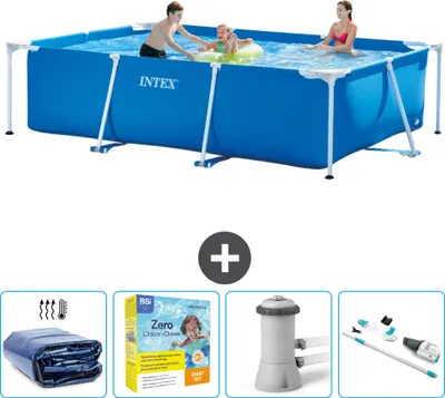 Obrázok produktu pre Bazén Intex s obdĺžnikovým rámom - 300 x 200 x 75 cm - modrý - vrátane markízy - balík na údržbu - filtračné čerpadlo pre bazén - vysávač