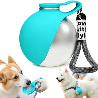 Produktbild von Trinkflasche Hunde für Unterwegs, Hundetrinkflasche für Unterwegs, 285ml Hunde Trinkflasche aus Edelstahl, Auslaufsichere Wasserflasche mit Faltbarem Silikonnapf für Klein Hunde Katzen Camping (Blau)