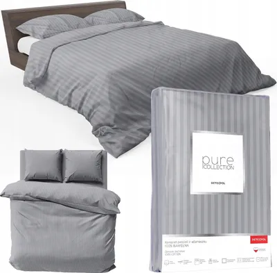 A collage of images showing a grey striped duvet cover set on a bed, a close-up of two pillows, and the product packaging.