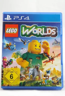 The image shows the front cover of a video game case for LEGO Worlds on PS4.