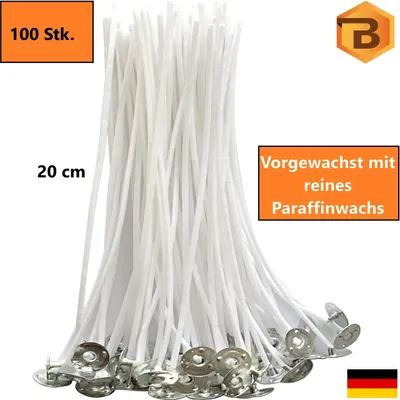 Produktbild von Kerzendochte 100 Stk. 20 cm lang mit Metallfuß (100% natürlich aus Baumwolle, 100 St., Candle Wick, Runddocht, Teelichtdochte für DIY Kerzenherstellung), Rauchfrei, ohne gefährliche Stoffe
