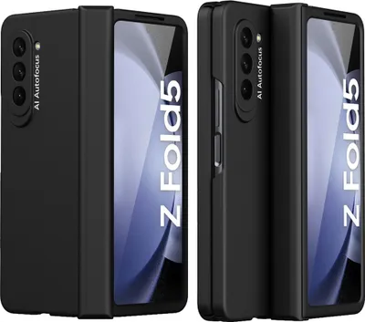 Two black phone cases for a foldable phone are displayed side-by-side against a white background.