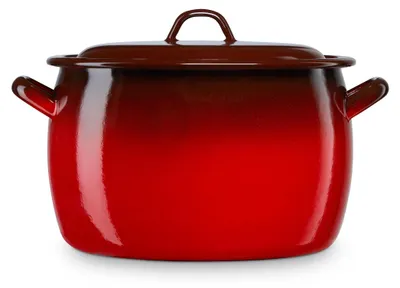 A studio shot of a red and brown enamel pot with a lid.