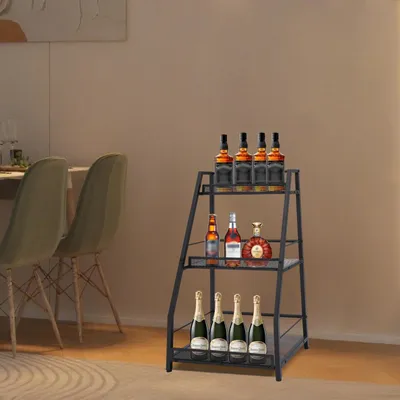 Obrázok produktu pre Rohový regál na víno – stojan na fľaše – 3 poschodia – voľne stojací – kovový – s zábradlím – 40 × 30 × 79 cm – čierny