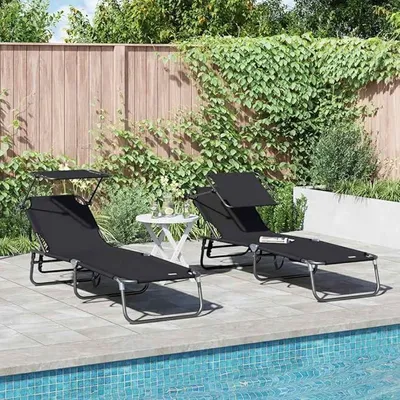 Immagine prodotto di Lettino prendisole pieghevole in tessuto Oxford, dimensioni 190 x 57 x 81 cm, set da 2 pezzi, colore nero, schienale regolabile, ideale per giardino, terrazza, balcone, relax all'aperto