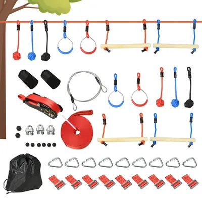 Image de Parcours d'obstacles ninja pour enfants 30 accessoires et sac de transport 10 m de slackline bleu noir rouge