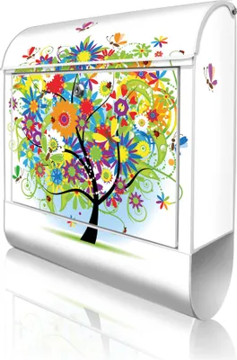 Produktbild von banjado Design Briefkasten Stahl weiß mit Zeitungsfach pulverbeschichtet "Märchenzauberbaum" 38x46x12,5cm & 2 Schlüssel - Postkasten A4 Einwurf inkl. Montagematerial [BK 10149]