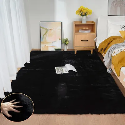 Zdjęcie produktu dla Dywan z sztucznego futra, 150x215 cm, czarny, puszysty, prostokątny, można prać