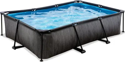 A rectangular above-ground swimming pool filled with blue water, supported by a black metal frame and dark gray textured sides.