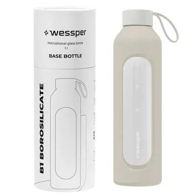 A glass water bottle and its packaging are shown side-by-side against a white background.