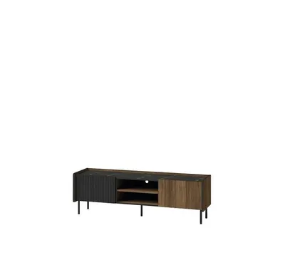 Produktbild von TV-Schrank PRESTON, TV-Lowboard mit Stauraum, Fernsehschrank für Wohnzimmer, Modernes TV-Board mit Lamellenfront, Warmia Nussbaum und Schwarz