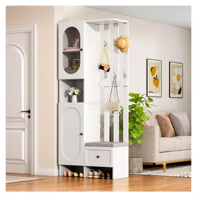 Produktbild von Moderne Garderobe mit Spiegel in Weiß, Holz, Flurgarderobe mit Schuhablage und Haken, Multifunktionale Dielengarderobe