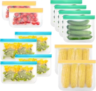 Produktbild von PolkaHome® 12er Set wiederverwendbare Gefrierbeutel, Lebensmittelbeutel, Silikonbeutel für Fleisch, Obst, Snacks, Frischhaltebeutel mit