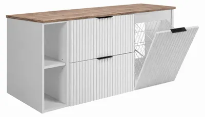 Image de Ensemble de meubles de salle de bain comprenant un panier à linge, de couleur blanche / poignées dorées, dimensions : 120 x 57 x 46 cm, Image générée par une IA