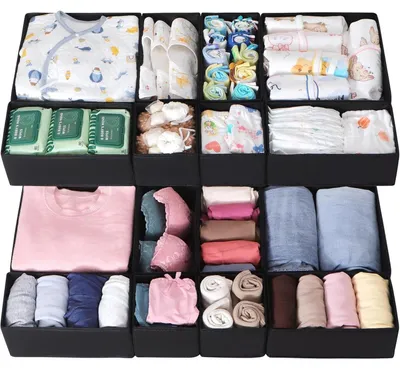 Productafbeelding van Opbergers voor laden, set van 16, inklapbaar, modulair, voor kledingkast of commode, zwart, 12 cm hoog