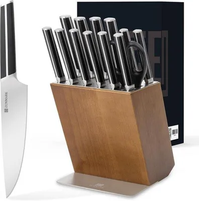 Produktbild von Koksmes-Set, 15-teilig – Hergestellt aus deutschem Kohlenstoffstahl – Mit Holzblock – Perfekt für jede Küche