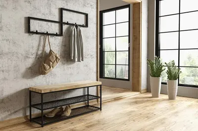 Produktbild von Industrielle Bank mit Schuhablagen „Asa“, 70 x 35 cm, Sitzfläche aus Eiche, 4 cm