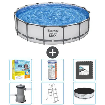 Produktbild von Bestway Round Steel Pro MAX Schwimmbad – 457 x 107 cm – Grau – inklusive Pumpe – Leiter – Abdeckung Wartungspaket - Filter - Bodenfliesen