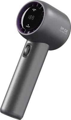 A gray portable handheld fan with a purple accent around the digital display.